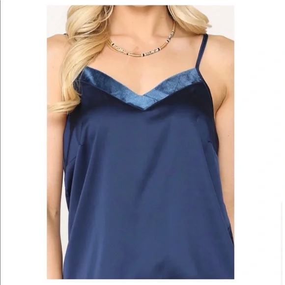 🌼 ONE LEFT✨ ✨ slightly stretchy sapphire blue silky tank with velvet trim - Picture 2 of 3